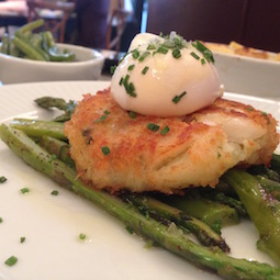 fish cake with poached egg and asparagus